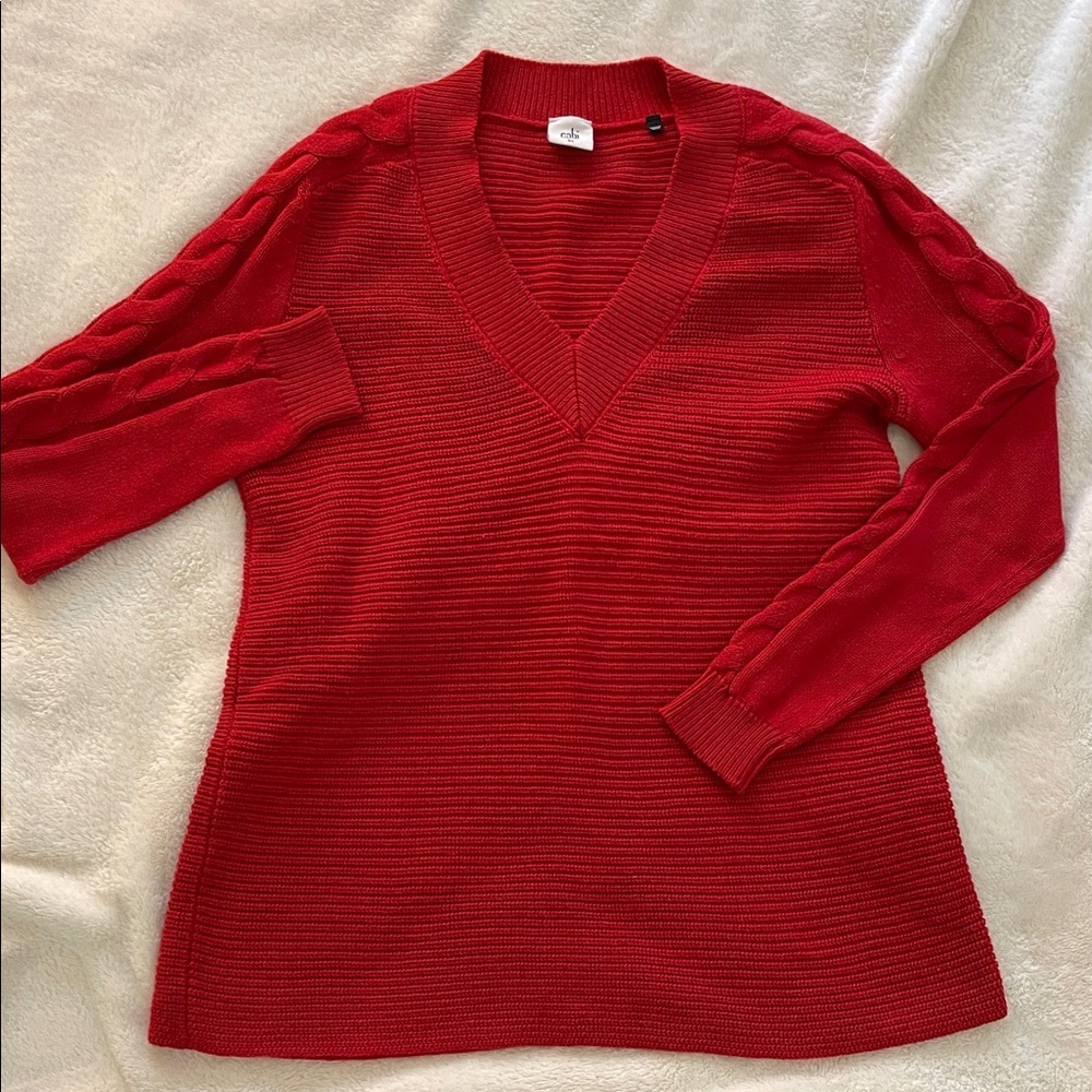 CAbi Red Mixed Stitch Tunic Length Sweater